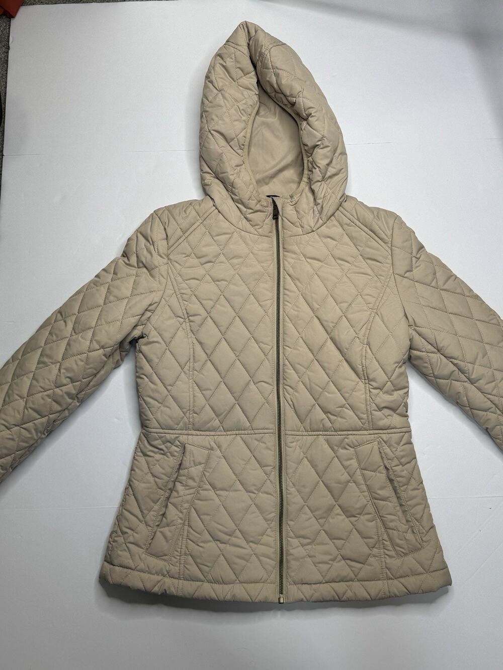 Tommy Hilfiger Womens S Beige Diamond Quilted Hooded Puffer Jacket Coat